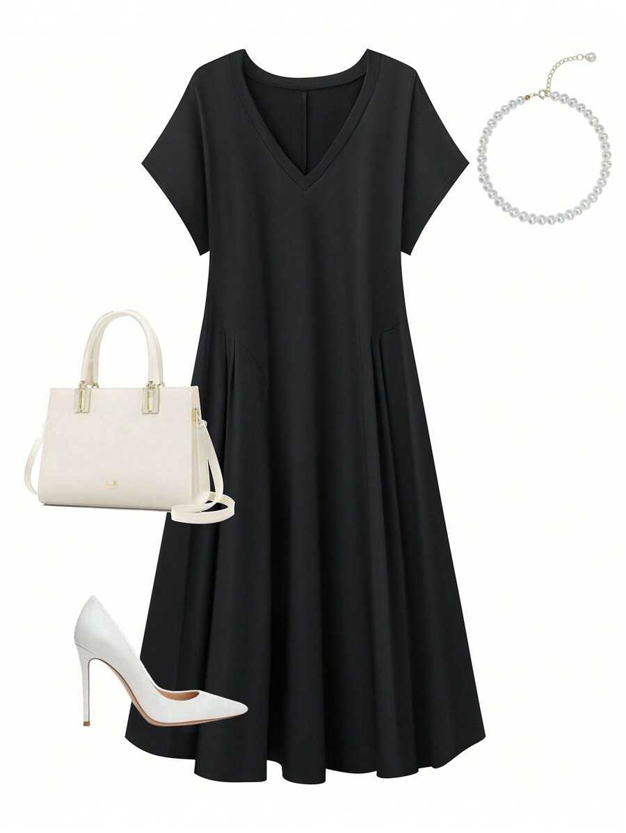 SHEIN LUNE 女士优雅夏季黑色连衣裙，宽松针织连衣裙，V 领，侧褶和喇叭下摆，加大码 - 黑色 - 查看 1