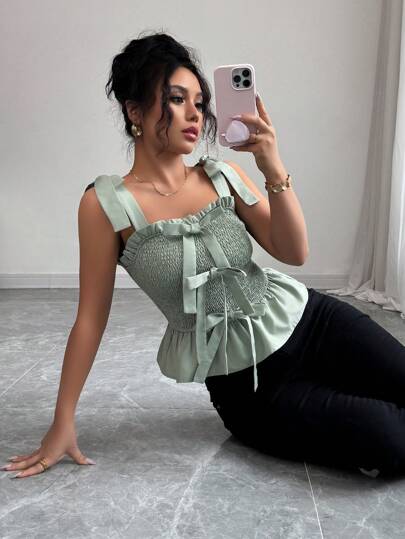 Elenzga Women's Summer Casual Pleated Bow Strap Sleeveless Camisole Top