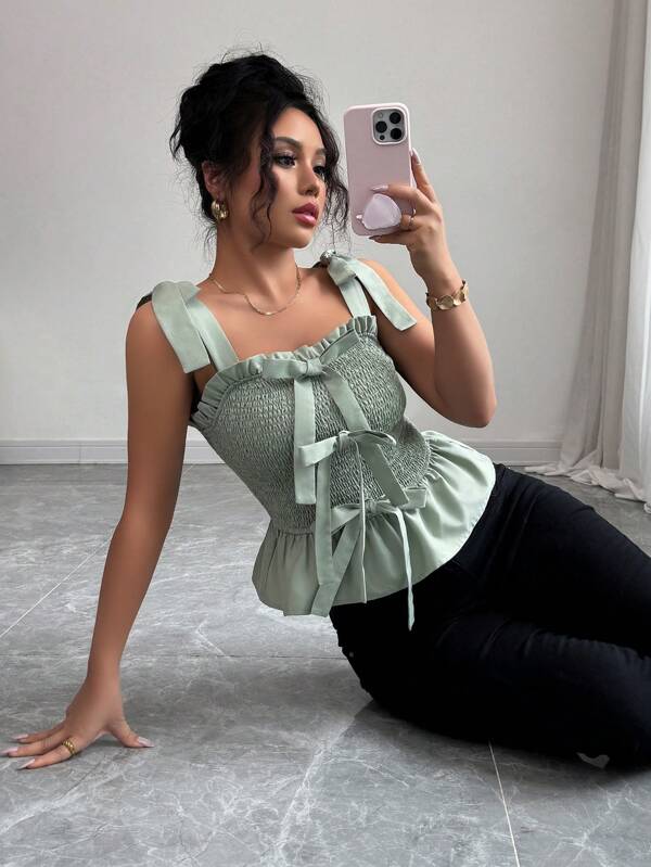 Elenzga Women's Summer Casual Pleated Bow Strap Sleeveless Camisole Top