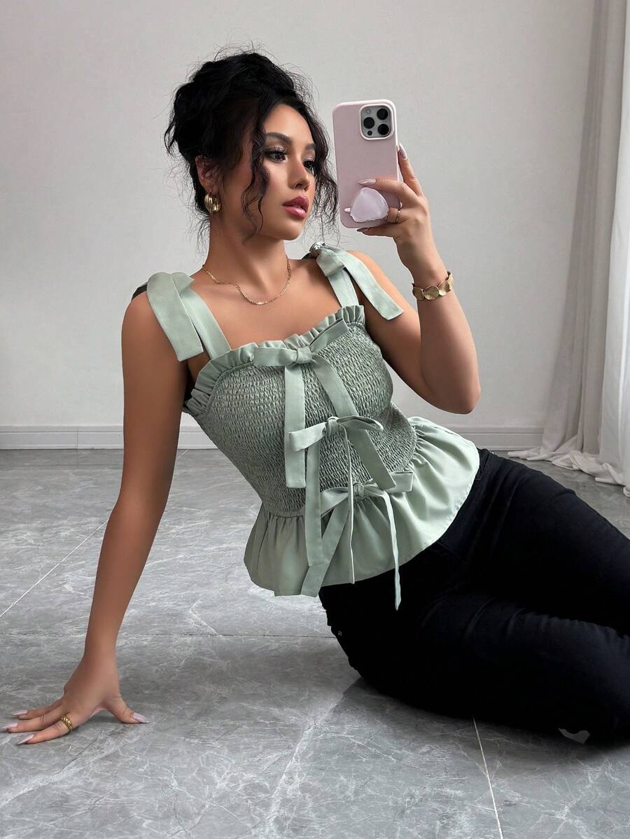 Elenzga Women's Summer Casual Pleated Bow Strap Sleeveless Camisole Top - Green - View 1