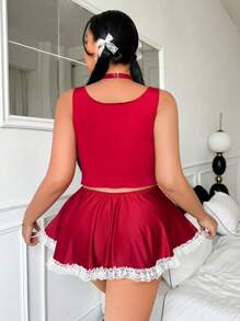 4 件套大码性感服装角色扮演系列 - 蝴蝶结、撞色荷叶边无袖短款上衣、平角内裤和蕾丝迷你裙性感服装 - 紅白色 - 查看 2