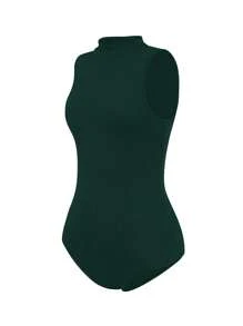 INAWLY Woman's Sleeveless Solid Color Bodysuit, Slim Fit Minimalistic Design, Suitable For Summer - Dark Green - View 3