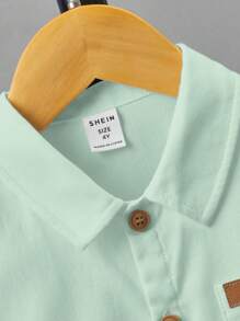 SHEIN Leap Crew Young Boy Plain Color Single-Breasted Casual Fashion Shirt - Mint Green - View 3