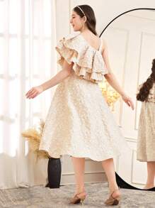 SHEIN Leap Crew Teen Girl Elegant Layered Ruffle Asymmetric Neck Mid-Length Dress - Apricot - View 2