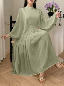 DAZY Plain Collar Pleated Ruffle Sleeve Midi Dress For Women Prom Dress Elegant,Fall Clothes