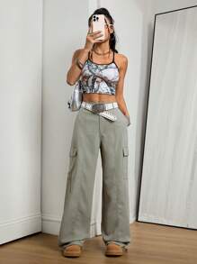 SHEIN EZwear 女式春夏 Y2K 时尚街头装工装绿色带口袋宽腿宽松降落伞裤 - 薄荷綠 - 查看 3