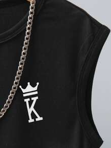 SHEIN Young Boy Summer Round Neck Cute Print Sleeveless Tank Top And Sports Shorts Set Summer Holiday