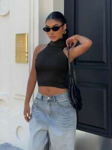 Flirla Slim Fit High Collar Women Knitted Top, Minimalist & Fashionable For Summer - Black - View 6
