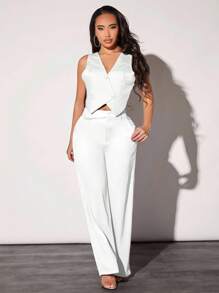 SHEIN SXY Colete Feminino Liso de Abotoamento Único, Ajuste Slim, Elegante, Casual de Escritório, Estilo Old Money, Saída, Vestuário de Escritório para Mulheres - Branco - Visão 5