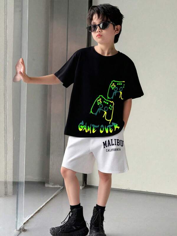 SHEIN Tricou cu imprimare Gamepad reflectorizant Tween Boy