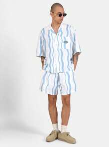 SUMWON Completo estivo da spiaggia, vacanza e tempo libero, con motivo a onda, composto da camicia a maniche corte e pantaloncini, vestito coordinato, vestibilità comoda, set da due pezzi per il relax