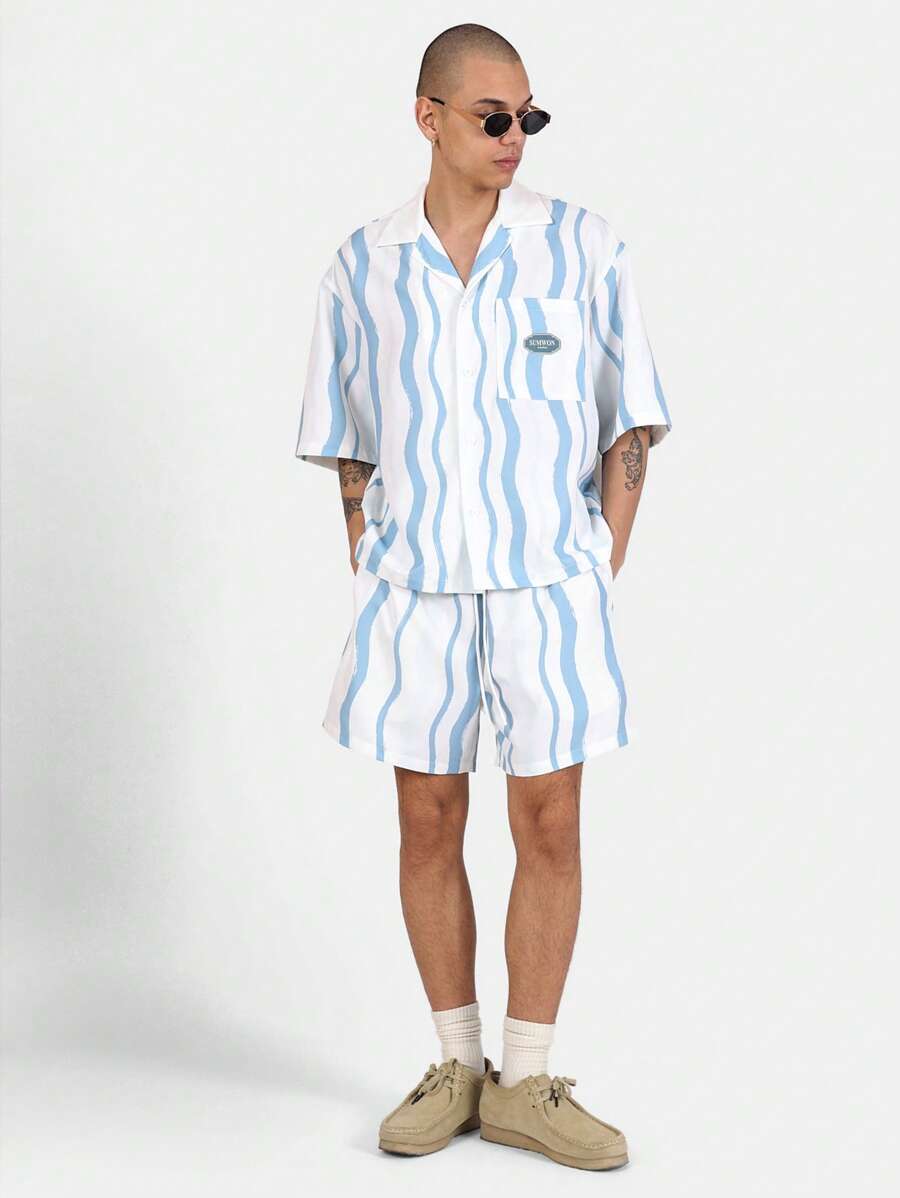 SUMWON Completo estivo da spiaggia, vacanza e tempo libero, con motivo a onda, composto da camicia a maniche corte e pantaloncini, vestito coordinato, vestibilità comoda, set da due pezzi per il relax
