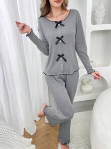 2 件女式罗纹蝴蝶结长袖上衣和裤子睡衣套装 - 深灰色 - 查看 6