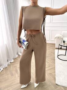 RueChic SIDE TIE UP BOW CROP BLOUSE & ELASTICAL WAIST DRAWSTRING PANT - Beige - View 5