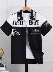 SHEIN Tween Boy's Cool Colorblock Letter Print Short Sleeve Shirt - Multicolor - View 1