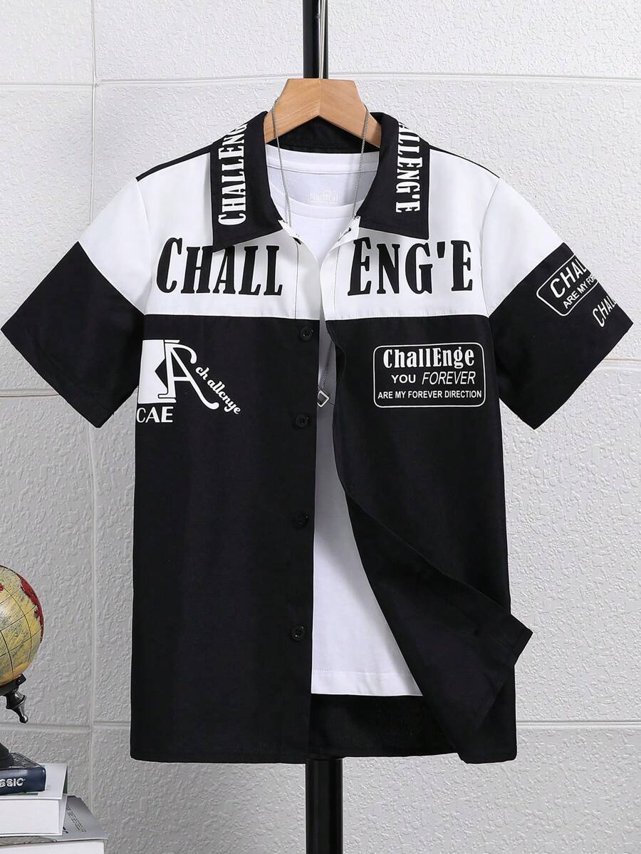 SHEIN Tween Boy's Cool Colorblock Letter Print Short Sleeve Shirt - Multicolor - View 1