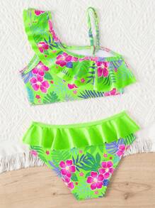 年轻女孩简约设计吊带背心比基尼套装 - 綠色 - 查看 2