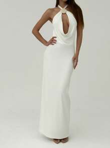 Aloruh Romantic Date, Summer Resort Hollow Shell Decor Backless H-Line Dress For Women,Wedding Guest Dress Women - White - View 3