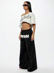 SUMWON WOMEN Off Shoulder Rider Crop Tee Urban Street Style Fashion Asymmetric Graphic Text Top Summer Festival Casual Wear - Light Grey - View 4