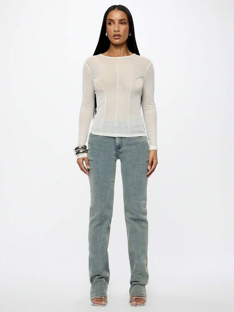 SUMWON WOMEN 高腰叠穿直筒牛仔裤经典 Y2K 风格春夏浅色洗水牛仔裤百搭休闲日常下装 - 藍色 - 查看 3