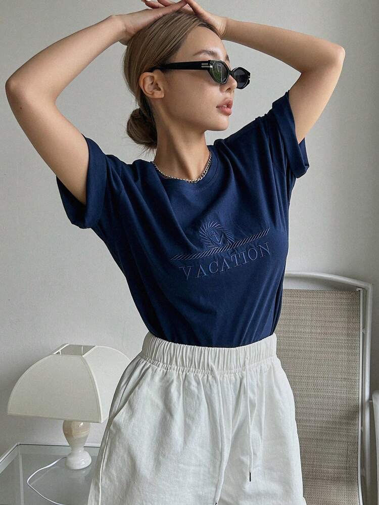 Letter Embroidery Drop Shoulder Tee