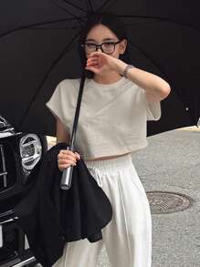 DAZY Women Solid Color Batwing Sleeve Cropped T-Shirt For Summer Preppy Tops - Apricot - View 2