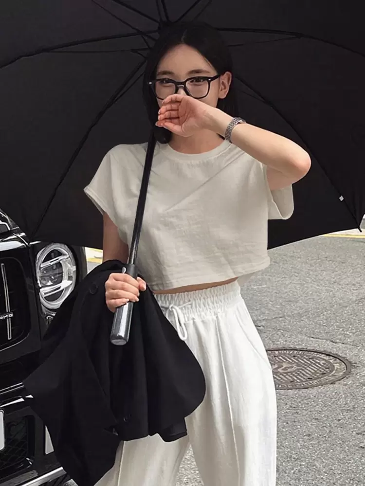 Women Solid Color Batwing Sleeve Cropped T-Shirt For Summer Preppy Tops