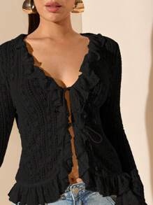 SHEIN BAE 杏色蕾丝上衣，系带细节，荷叶边下摆，甜美性感，适合春季、夏季、情人节、派对、约会、伴娘、通勤、生日 - 黑色 - 查看 7