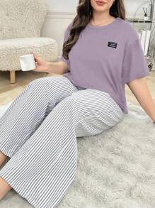 2pcs Plus Size Sleepwear Set: Letter Print Short Sleeve T-Shirt Top And Striped Pajama Pants, Outfits - Mauve Purple - View 6