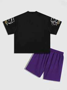 ROMWE MEN Street Life Men's Racing Loose Fit Short Drop Shoulder Printed T-Shirt 2 Pieces Set - Black - View 2