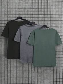 SHEIN Cottnline 100%Cotton Men 3pcs Pack Label Detailed Regular T-Shirt - Multicolor - View 2