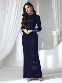 Coutiva Abito da sera lungo elegante da donna con decorazioni di strass e perle finte, abito da cerimonia nero, abito da ballo, abito per feste, abito per matrimonio.
