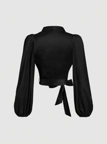 SHEIN MOD 女士黑色环绕式系带蝴蝶结蝙蝠袖衬衫、女士衬衫、闪光衬衫、新年上衣 - 黑色 - 查看 2