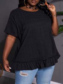 SHEIN CURVE+ Large Solid Color Round Neck Pleated Short Sleeved Loose Shirt For Spring And Summer, Spring And Summer Doll Shirt Boho Vacation - Black - View 6