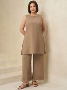 SHEIN Clasi Plus Size Solid Round Neck Sleeveless Split Hem Longline Tank Top And Wide Leg Pants 2pcs Set