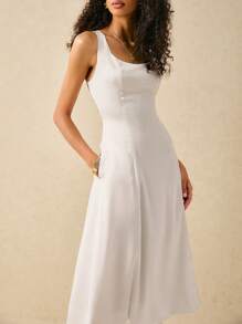 Poéselle Women's Elegant Solid Color A-Line Waist Fit Midi Dress - White - View 3