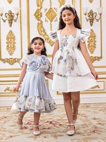SHEIN Vestido de fiesta para niña preadolescente con jacquard floral, malla, diseño de peplum y volantes en capas, hilos metálicos, elegante, informal para vacaciones, fiesta blanca, vestido de princesa, para fiesta de cumpleaños, festival, Día de San Valentín