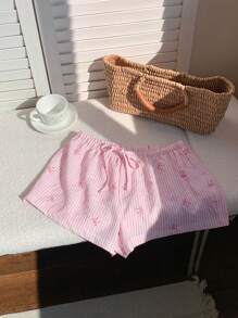 Comfortcana Summer Elegant Stripe Print Sweet Pink Bow Striped Low Waisted Elastic Shorts - Pink - View 4