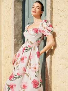 Aveloria Rosie Vestido midi de manga abullonada con lazo en la cintura y estampado floral romántico para mujer, estilo cortesano, adecuado para vacaciones de primavera/verano