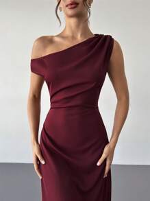 Firerie 新款百搭优雅不对称领口缎面连衣裙，女士夏季礼服，适合婚礼宾客/新娘送礼会/毕业典礼/教堂礼拜等场合，白色；毕业礼服/白色毕业礼服/教堂礼拜服/教堂礼服 - 紅木色 - 查看 3