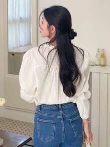 DAZY 女士纯色 V 领褶裥前扣优雅长袖衬衫，返校服装学院风上衣，秋季女装 - 杏色 - 查看 2