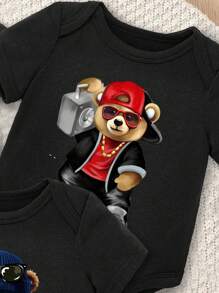 SHEIN Leap Crew 3件套男婴休闲可爱小熊印花短袖圆领连体衣套装，适合夏季穿着