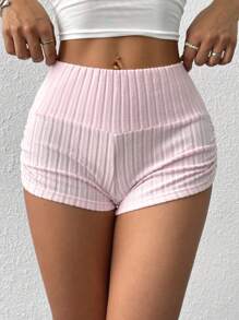 SHEIN EZwear Pantalones cortos casuales de verano de punto rosa claro con plisados ajustados