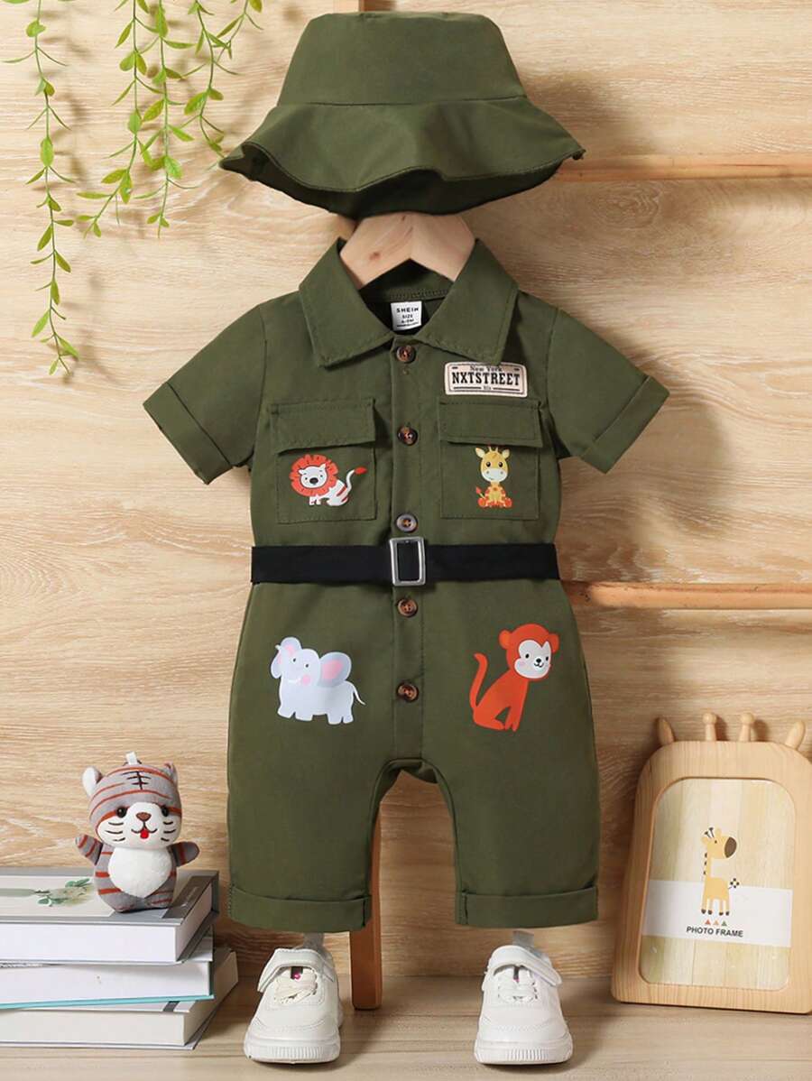 SHEIN Infant & Toddler Boys Cute Jungle Animal Print Romper With Hat, Casual Outfit For Daily Wear, Outings, Parties, Vacation, Suitable For Spring/Summer (No Belt) - Army Green - View 1