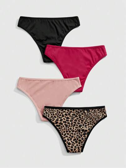 J-Fashion 4 Pieces Set Leopard Animal Print Colorblock Seamless Bikini Underwear