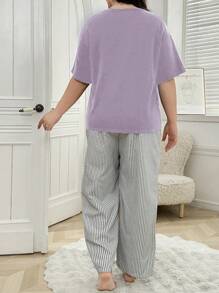 2pcs Plus Size Sleepwear Set: Letter Print Short Sleeve T-Shirt Top And Striped Pajama Pants, Outfits - Mauve Purple - View 2