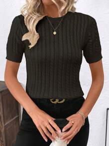 SHEIN LUNE 时尚博主同款麻花绳设计休闲针织圆领毛衣欧美新款 - 黑色 - 查看 3