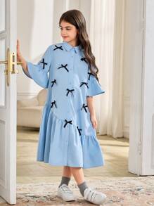 SHEIN Leap Crew Vestito camicia per ragazze pre-adolescenti in blu cielo, con maniche a campana arricciate, fiocco decorativo, vestibilità ampia e comoda, adatto per il ritorno a scuola e uso casual - celeste - Visualizzare 5