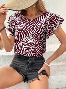 SHEIN Essnce Blusa de cuello redondo con doble capa y mangas cortas con estampado de cebra de verano - Multicolor - Ver 3