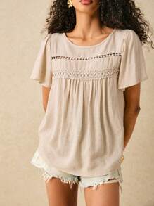 Poéselle 波西米亚风度假宽松衬衫，带蕾丝装饰，亚麻混纺乡村风格，夏季衬衫，短袖，舒适面料 - 杏色 - 查看 7